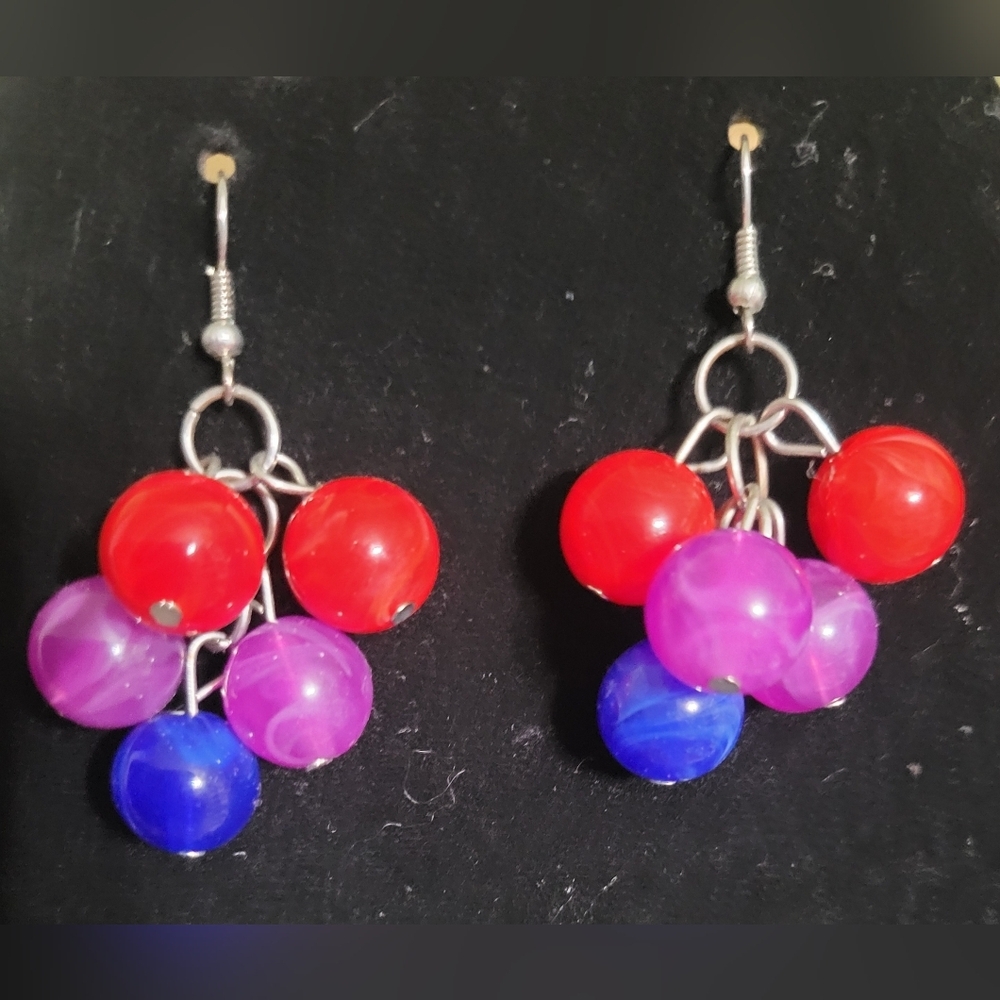 Rainbow Lucite Cluster Ball Drop Earrings Purple Red Blue Vintage